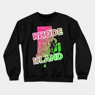 Colorful mandala art map of Rhode Island with text in pink and green Crewneck Sweatshirt